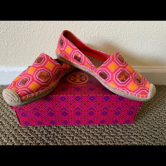 Tory Burch Cecily Embellished Espadrille shoes.Size 9.5.Vivid orange & pinks. - Picture 2 of 7